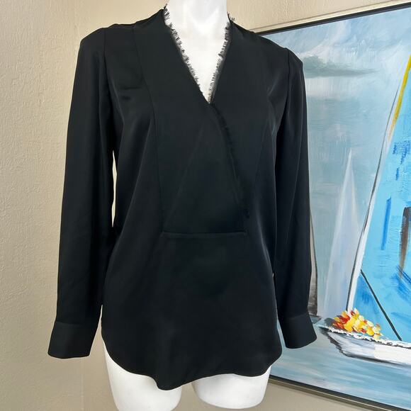Theory Blouse Black silk Long Sleeve with eyelash lace trim V-neck Small Petite - Picture 1 of 5